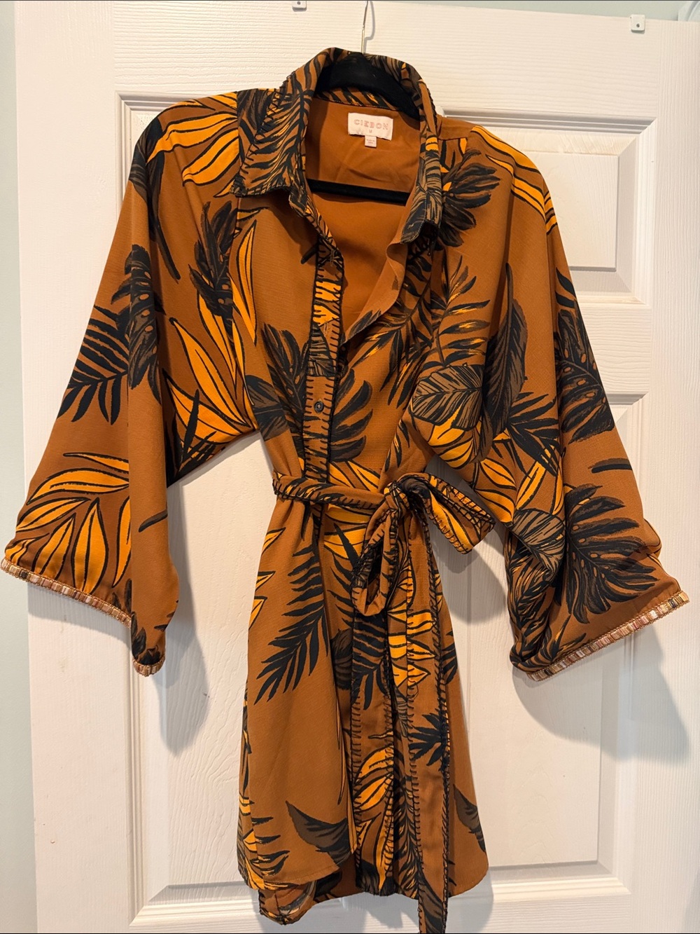 Citron Mustard Tropical Print Long Sleeve Belted Dress